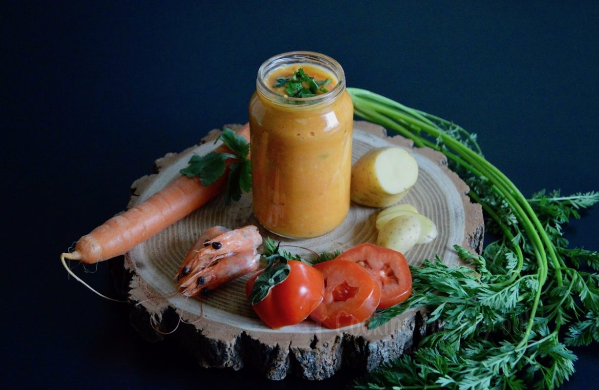 Carrot and tomato with shrimps, coconut milk, curry and coriander baby purée recipe (from 12 months)