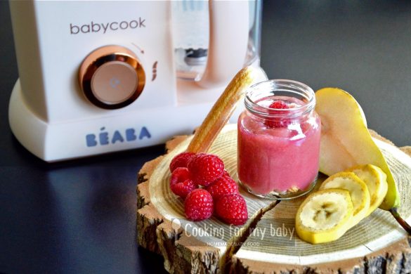 Raspberry, pear and banana on boudoir biscuits baby puree recipe (from 7 months)