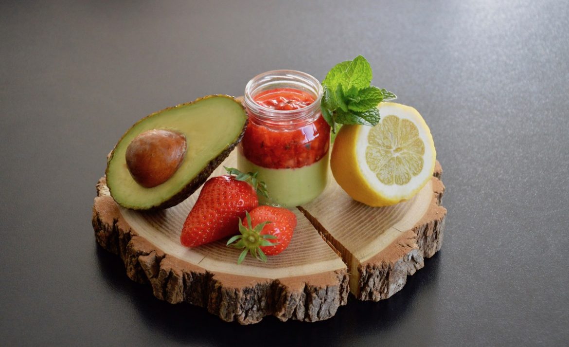 Strawberry tartar with mint and lemon on avocado cream baby recipe (from 12 months)