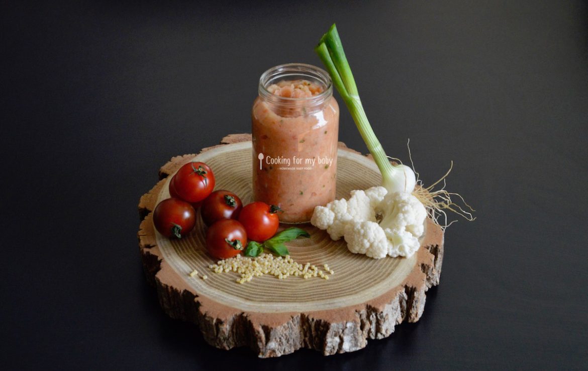 Cauliflower with basil tomato sauce and Alphabet pasta baby puree recipe (from 8 months)