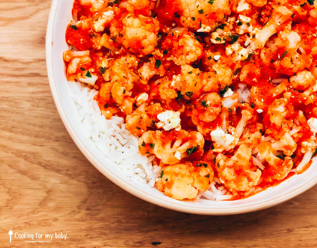 Cauliflower in tomato sauce, feta, parsley, and rice recipe for babies and the whole family (from 12 months)