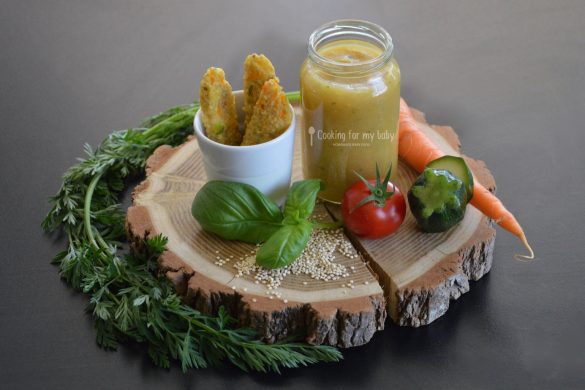 Recette bébé : Bâtonnets de quinoa, parmesan et petits légumes, purée de tomate courgette basilic (Dès 12 mois)