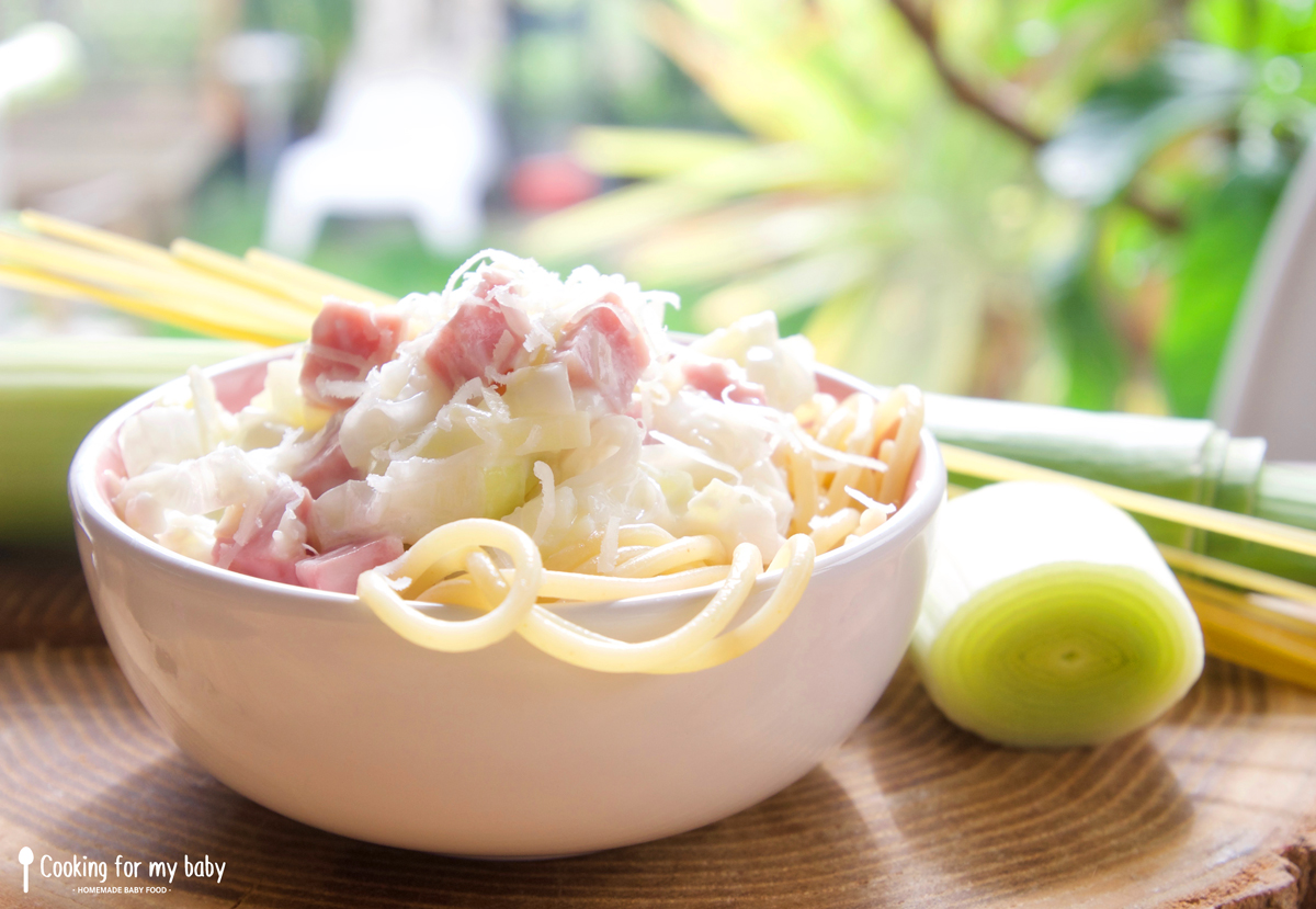 Recette De Pates A La Carbonara Aux Poireaux Pour Bebe Des 12 Mois Cooking For My Baby