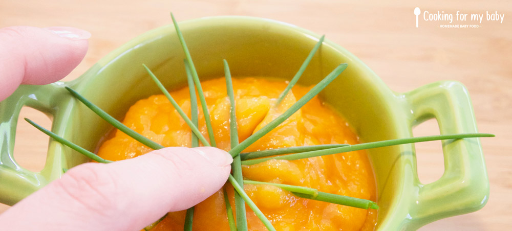 Fresh chopped chives on baby's puree