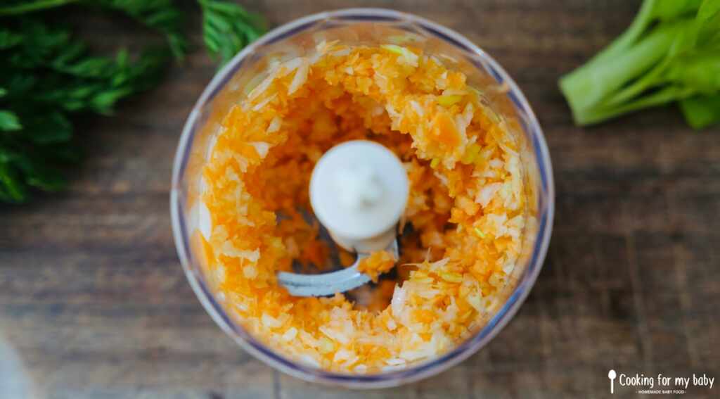 Finely chopped vegetables for baby's Bolognese sauce