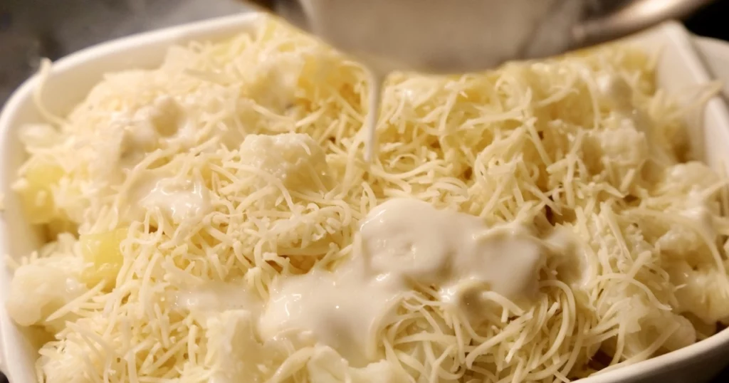Light béchamel on cauliflower gratin after adding the Gruyère