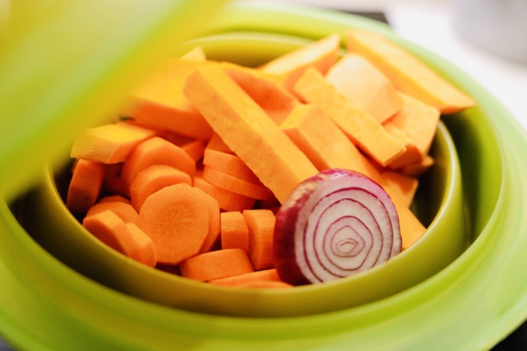 Carrot, sweet potato, and onion steaming