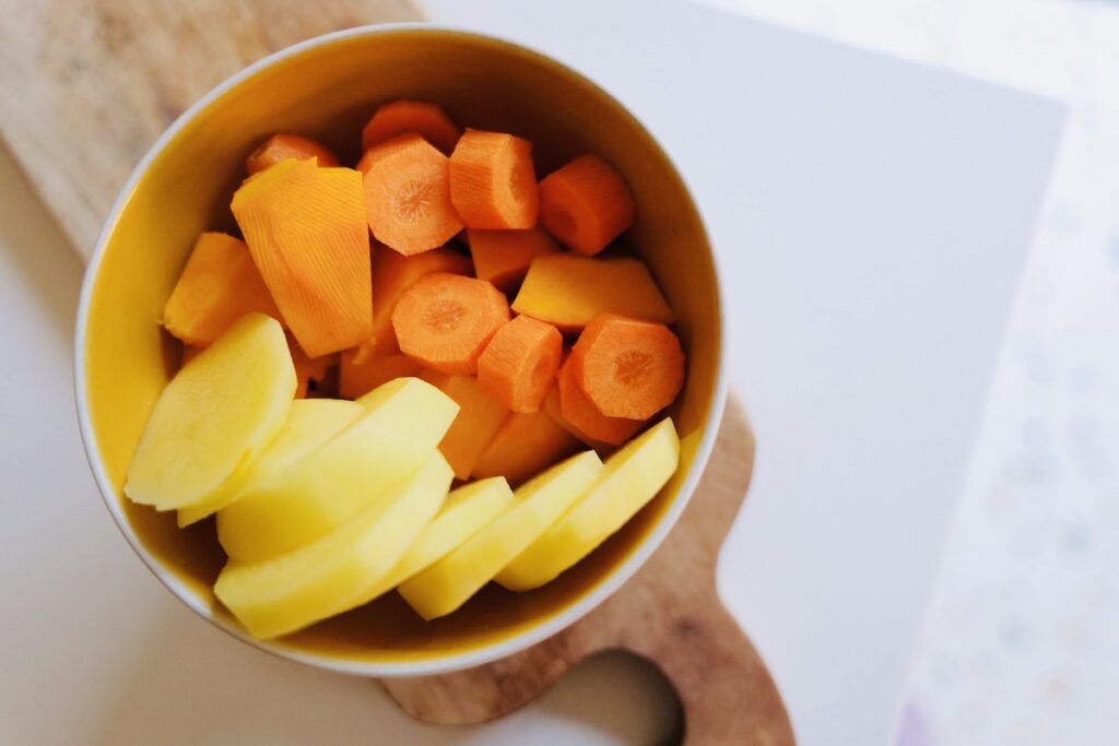 Ingredients for red kuri squash, carrot, and potato soup for baby