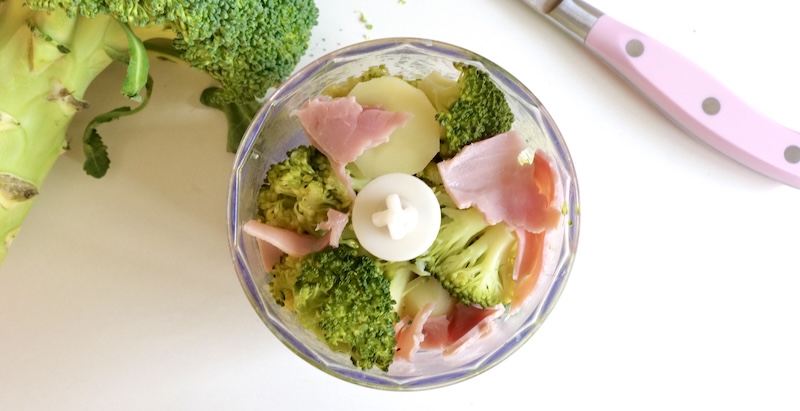 Blending the broccoli, potato, and ham for baby